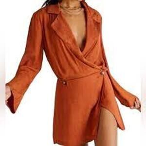 Free People Simone Notch Lapel Mini Dress In Burnt Orange Size L Boho Dressy